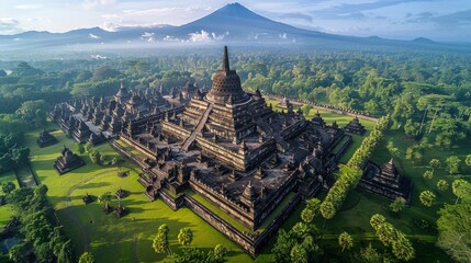 Aerial view of Borobudur in Indonesia, showcasing the massive Buddhist temple complex surrounded by lush green landscape and distant volcanoes.      - Powered by Adobe