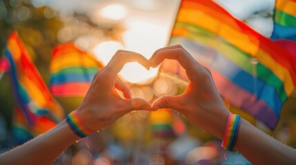 A person holding up a heart with rainbow flags in the background