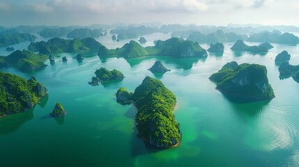 Aerial view of Ha Long Bay in Vietnam, featuring its emerald green waters dotted with towering limestone karsts and lush islets.     