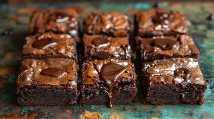   A cluster of brownies placed on a frozen table with frosting and melted chocolate drizzled over each one
