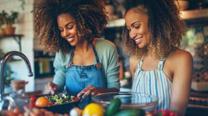 Two women are smiling and laughing while preparing food in a kitchen