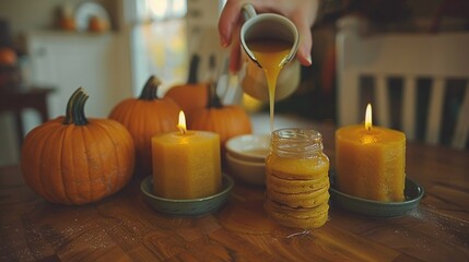   A person pours honey into a glass jar adjacent to a plate of pumpkins and a jar of candles