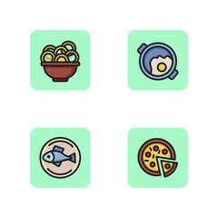 Dishes in restaurant line icon set. Bowl with squid rings, frying pan with scrambled eggs, fresh fish and pizza. Serving concept. Vector illustration for web design