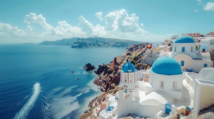 Aerial view of Santorini in Greece, featuring its white-washed buildings with blue domes perched on...