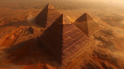 Aerial view of the Pyramids of Giza in Egypt, with the ancient pyramids and the Sphinx rising from...