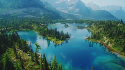 Aerial view of Banff National Park in Canada, featuring its stunning turquoise lakes, towering mountains, and dense pine forests.     