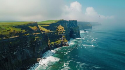 Aerial view of the Cliffs of Moher in Ireland, with their dramatic sheer drops into the Atlantic...