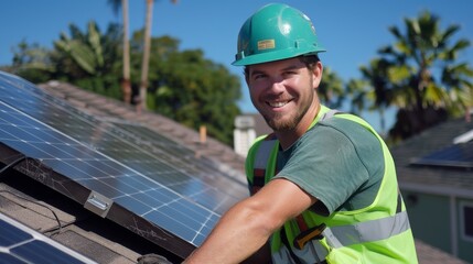 A friendly handyman in safety gear installs solar panels with a palm-lined background under blue sky