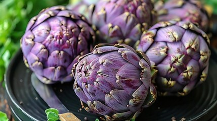 Fototapeta premium Artichoke arrangement with green leaves on a black plate