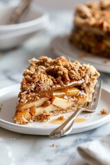 Delicious close-up of a slice of apple pie served on a white plate, complete with crumbles and a fork on the side