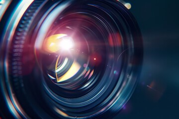 Obraz premium Detailed image of a camera lens showing intricate designs and light flares, demonstrating technology in photography and optics