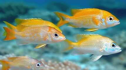 Vibrant School of Fish Navigate Coral Reef Habitat