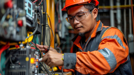 An electrical engineer performing a routine check on electrical grounding systems.