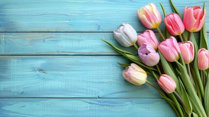 Vibrant Tulip Arrangement on Wooden Surface