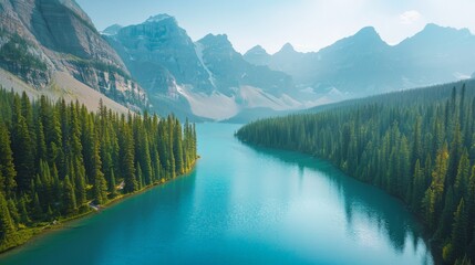 Aerial view of Banff National Park in Canada, featuring its stunning turquoise lakes, towering mountains, and dense pine forests.     