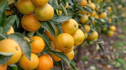 Lush Citrus Orchard Scene with Dewy Leaves and Fruits