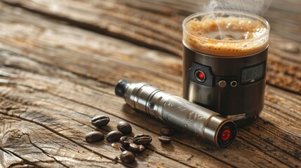 Advanced personal vaporizer or e-cigarette Vintage style with morning coffee cup,