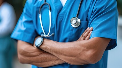 Medical Professional in Blue Uniform: Observation and Focus