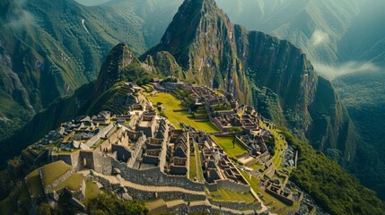 Aerial view of Machu Picchu in Peru, with its ancient Incan ruins perched high in the Andes Mountains and surrounded by lush green forests.     