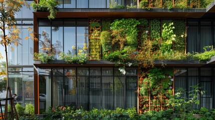 A modern office building with a mesh facade for climbing plants.