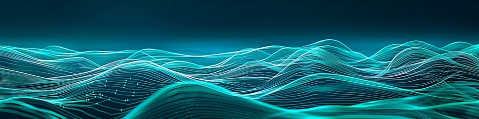 A digital landscape with nodes in shades of turquoise and lines in deep blue