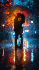 couple kissing under colorful umbrella in rains.