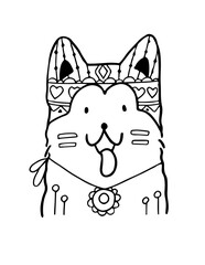 black silhouettes of stylized dogs with folk patterns and natural decorations. Vector black prints of puppys with a tribal boho pattern.