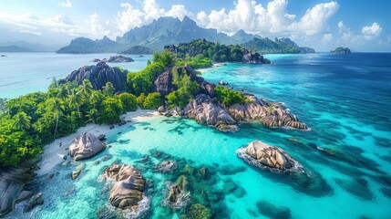 Aerial view of the Seychelles, with its granite boulders, turquoise waters, and lush tropical...