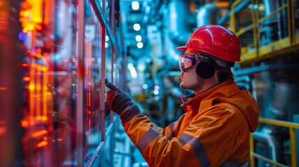 A mechanic using thermal imaging to inspect heating systems in a glass manufacturing plant.