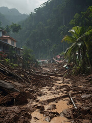A mudslide aftermath showing debris-covered terrain with collapsed structures and uprooted trees.
