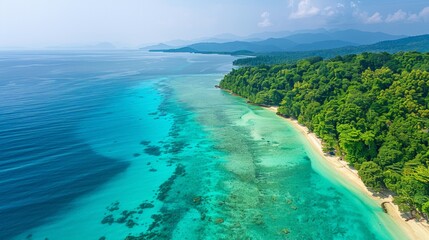 Aerial view of the Andaman Islands in India, showcasing the pristine beaches, turquoise waters, and lush tropical forests.     