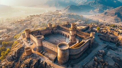 Aerial view of the Nizwa Fort in Oman, showcasing the massive circular tower and the surrounding historic town set against the backdrop of the Hajar Mountains.      - Powered by Adobe