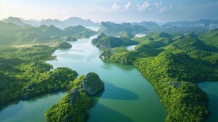 Aerial view of the Ha Long Bay in Vietnam, featuring its emerald green waters dotted with towering limestone karsts and lush islets.     