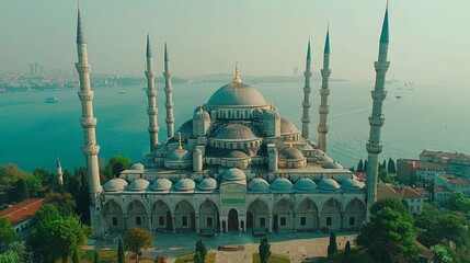 Aerial view of the Blue Mosque in Istanbul, Turkey, with its six minarets and large courtyard, set against the backdrop of the Bosphorus Strait.     