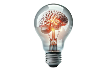 Brain inside a light bulb glowing isolated on transparent background