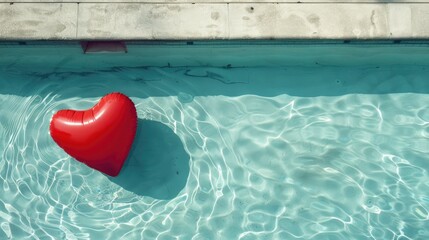 Observing from above a red heart shaped inflatable buoy bobs in the swimming pool