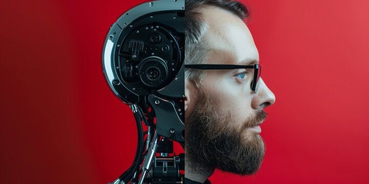 A man's face is split in half, with a robot head on the left side
