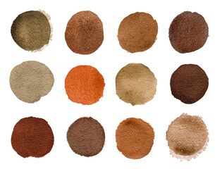 Set of brown watercolor circles isolated on a white background. Watercolour brown, red, chocolate, coffee circles