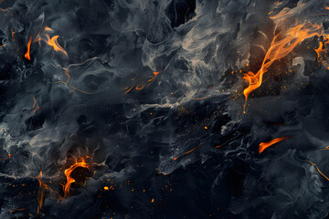 Vivid orange streaks ignite a dark, marbled texture, creating a dynamic and intense abstract background