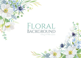 Japanese Anemone and Tweedia with greenery frame border on white background. Beautiful template for wedding invitation or greeting card, banner. All elements are isolated and editable. Vector.