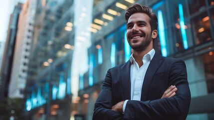 Fototapeta premium Smiling CEO at Networking Event in Blurred Social, Smiling CEO, networking event, blurred social.