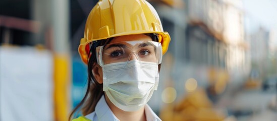 A woman wearing a yellow hard hat and a face mask