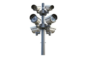 CCTV cameras on a pole in a tech setting isolated on transparent background