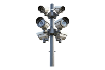 CCTV cameras on a pole in a tech setting isolated on transparent background
