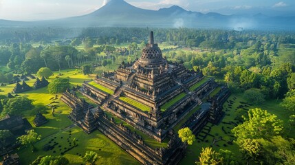 Aerial view of the Borobudur Temple in Indonesia, showcasing the massive Buddhist temple complex surrounded by lush green landscape and distant volcanoes.     