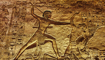 Famous wall bas relief with a scene from the Battle of Kadesh in 1274 BC depicting Ramesses II...