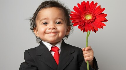  A small boy in a suit and tie holds a red flower in each hand