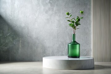 Minimalistic background for product demonstrations. A modern podium stage with a textured concrete wall and a glass vase. Elegant design for product presentation.