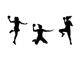 Set of Woman Handball Player Silhouette in various poses isolated on white background