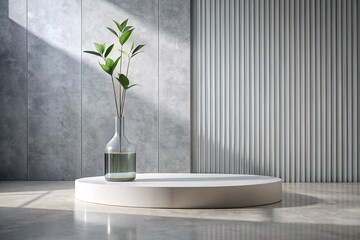 Minimalistic background for product demonstrations. A modern podium stage with a textured concrete...